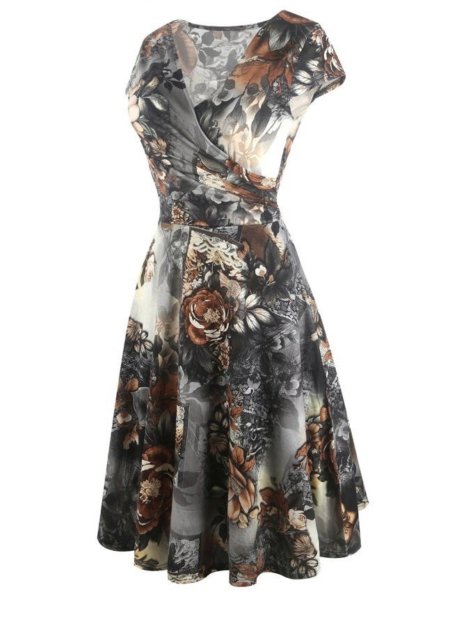 oxiuly Women's Chic V-Neck Vintage Floral Work Party Cocktail Swing Casual Summer Dress OX233 (2XL, Coffee Floral) - Image 3