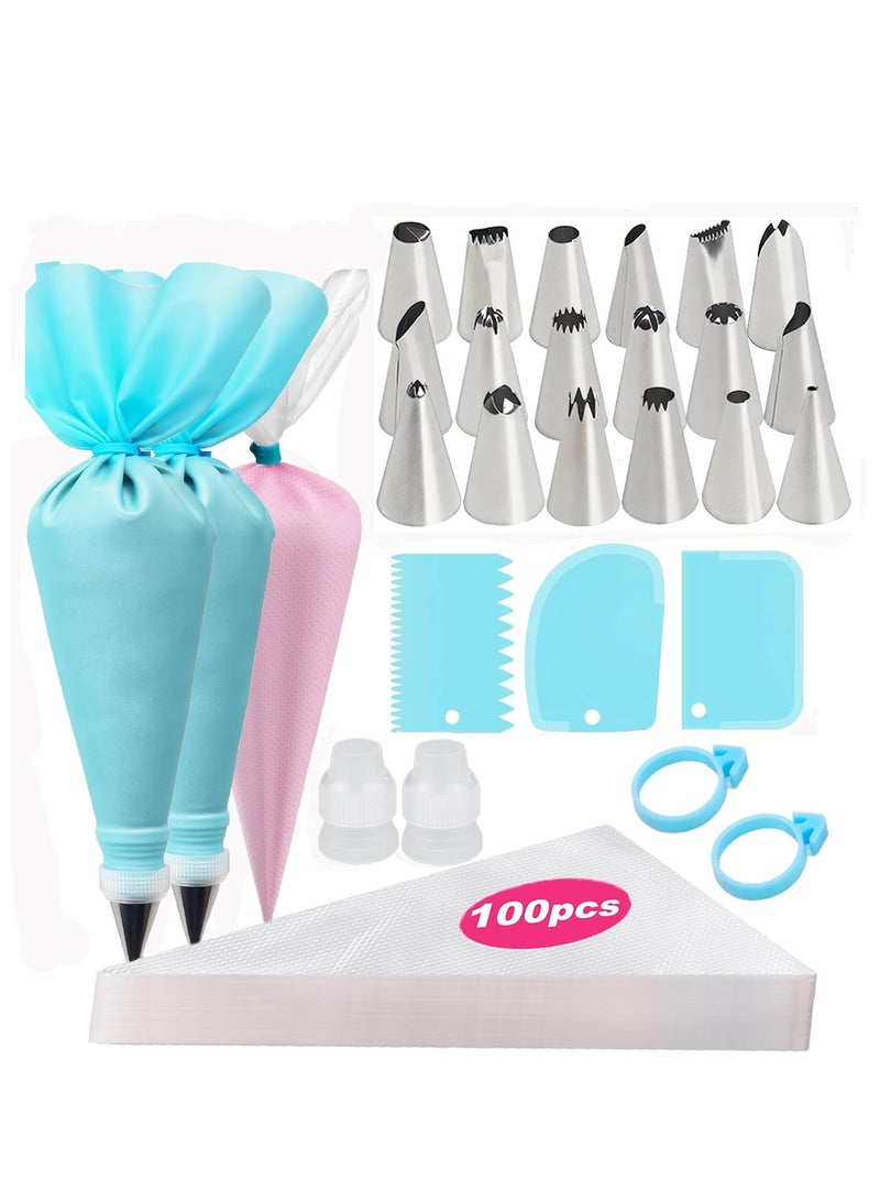 100 Piece 12 Inch Disposable Piping Bags and Tips Set, 12 Frosting Tips,2 Reusable Piping Bags, 2 Couplers, 2 Bag Ties & 3 Cake Scrapers, Cake Icing Kit - Image 1
