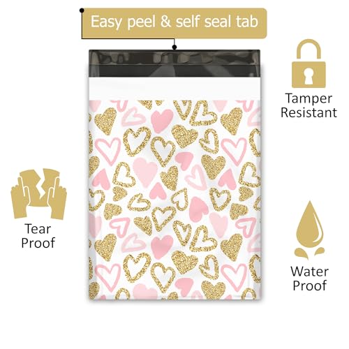 Pro Supply Global 10x13 (100) Pink and Gold Heart Valentine's Day Designer Poly Mailers Waterproof Self Sealing Tear Resistant Polymailers Shipping Envelopes Premium Printed Bags For Small Businesses - Image 2