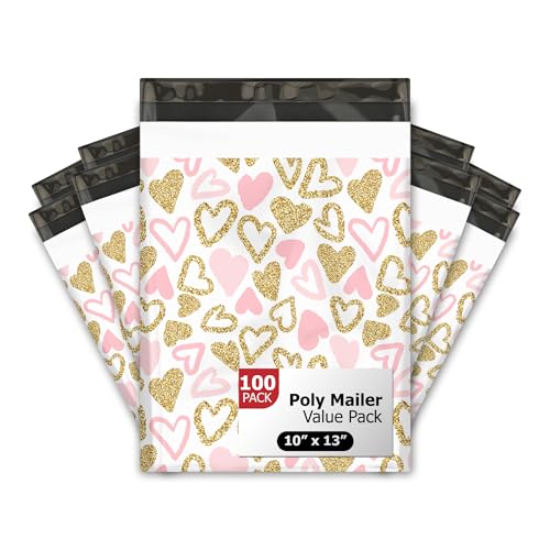 Pro Supply Global 10x13 (100) Pink and Gold Heart Valentine's Day Designer Poly Mailers Waterproof Self Sealing Tear Resistant Polymailers Shipping Envelopes Premium Printed Bags For Small Businesses - Image 1