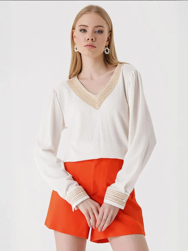 BIG DART BDART Embroidered Textured V-Neck Blouse