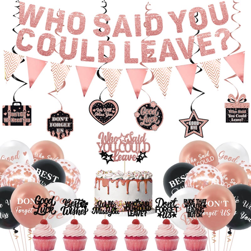 Roetyce Farewell Party Decorations Rose Gold Who Said You Could Leave Banner Balloons Cake Toppers Hanging Swirls Pink Going Away Retirement Leaving Party Decorations Coworker Goodbye Party Supplies - Image 2