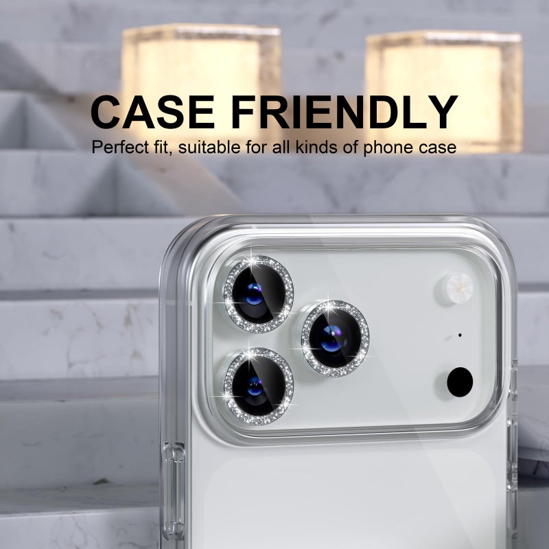 Choiche Compatible for iPhone 17 Pro/iPhone 17 Pro Max Camera Lens Protector Bling, 9H Tempered Glass Camera Cover Screen Protector Metal Ring Decoration Accessories (Glitter-Silver) - Image 5