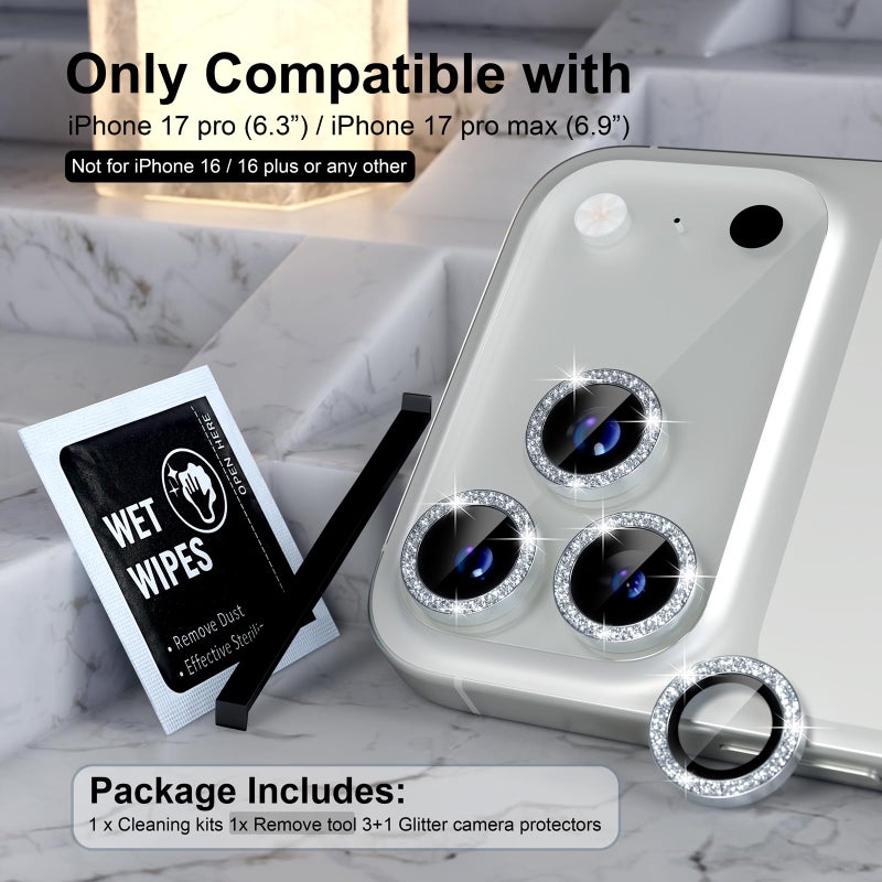 Choiche Compatible for iPhone 17 Pro/iPhone 17 Pro Max Camera Lens Protector Bling, 9H Tempered Glass Camera Cover Screen Protector Metal Ring Decoration Accessories (Glitter-Silver) - Image 2