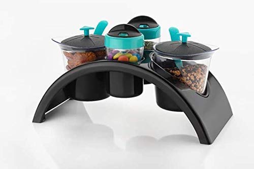 QUALIZA Multipurpose Pickle Plastic Set for Dining SpiceMasala Storage Jar with Lids and Tray Holder for Dining Table 4 SetStand 1 Piece Condiment Set with multicolour - Image 1