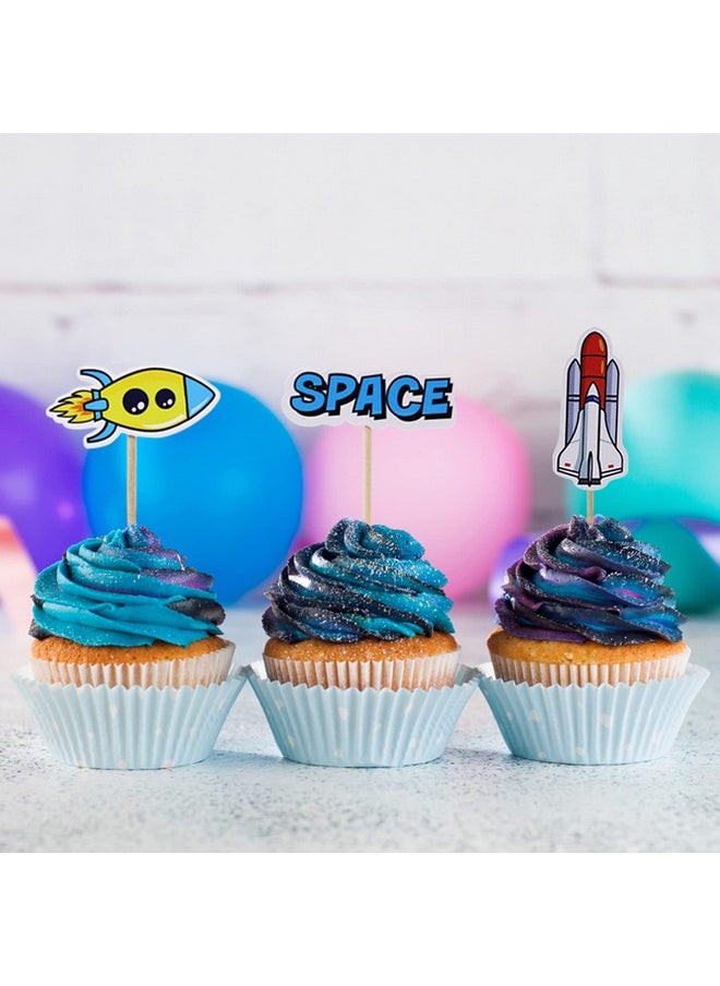 Confetti Confetti! 24 PCS Outer Space Cupcake Toppers Planet Party Supplies Birthday Decorations Rocket Astronaut Cupcake Decoration Outer Space Spaceship Themed Kids Children Party Supplies  - Image 2