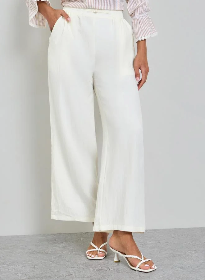 Take Two Beige Wide-Leg Elastic Waist Trousers
