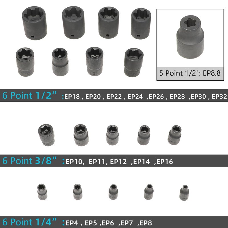 DPTOOL External Torx Plus Socket Set 6 Point EP Socket EP4, EP5, EP6, EP7, EP8, EP10, EP11, EP12, EP14, EP16, EP18, EP20, EP22, EP24, EP26, EP28, EP30, EP32 with 1/2'' 3/8'' 1/4'' Dr E-Torx Plus Sockets 19pc - Image 3