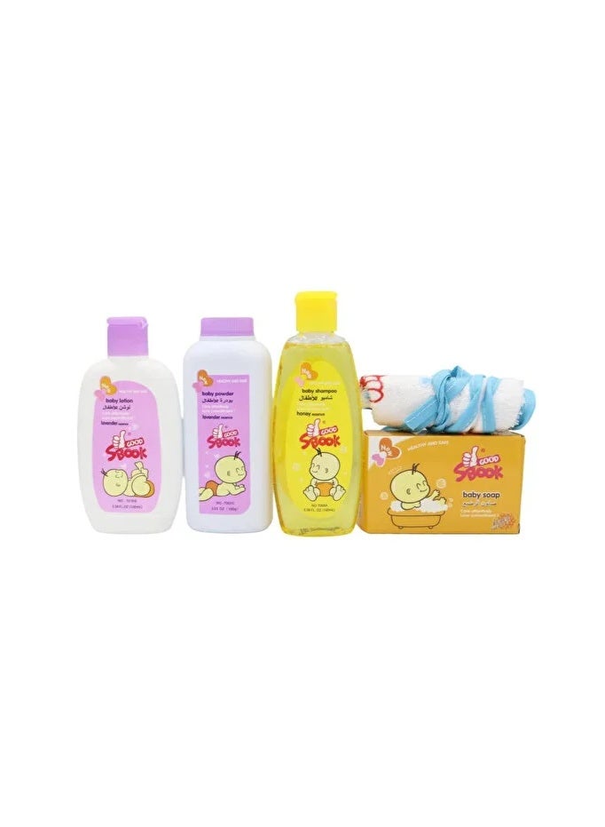 Sbook Good ZOOI Spook Baby Care Set, 5 Pieces (Bib, Soap, Powder, Lotion, Shampoo) - Image 1
