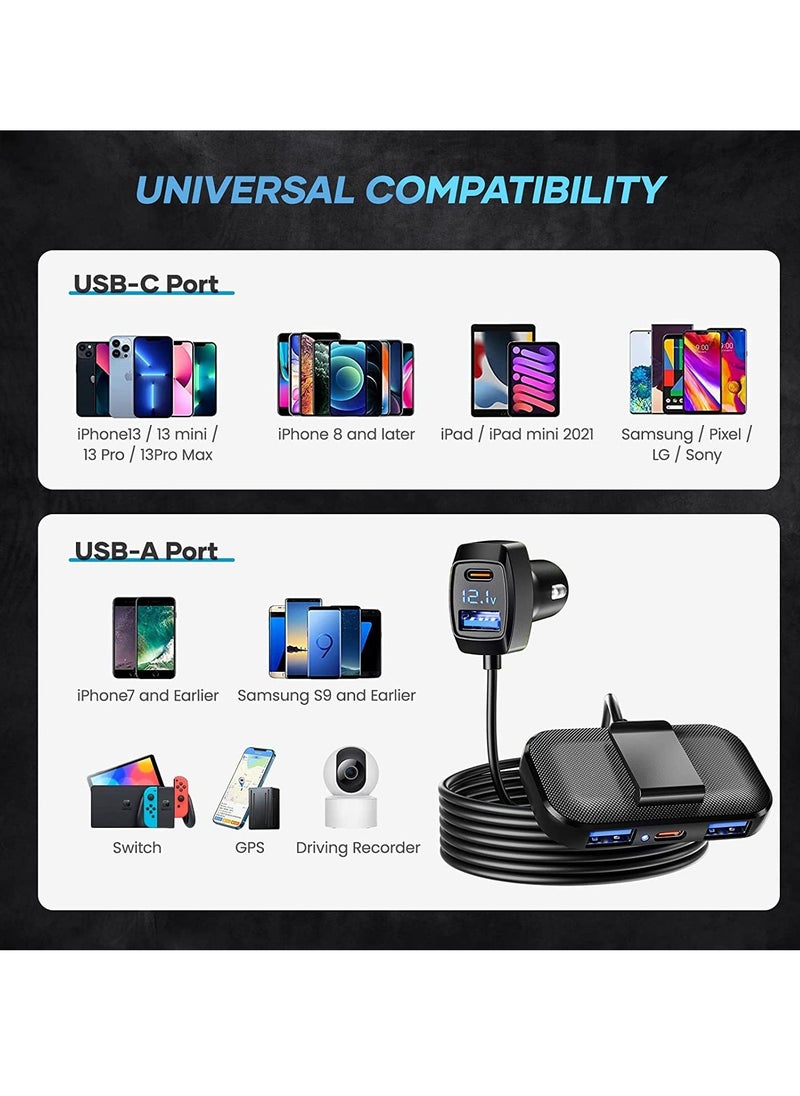 Lencent 5 Multi Ports Car Charger 31w Car Charger Adapter 3 Usb a and 2 Type C Ports for Smart Phone Voltage Detection Multi Cigarette Lighter Usb Charger With 5ft and 1.5m Cable for Back Seat Charging  - Image 4