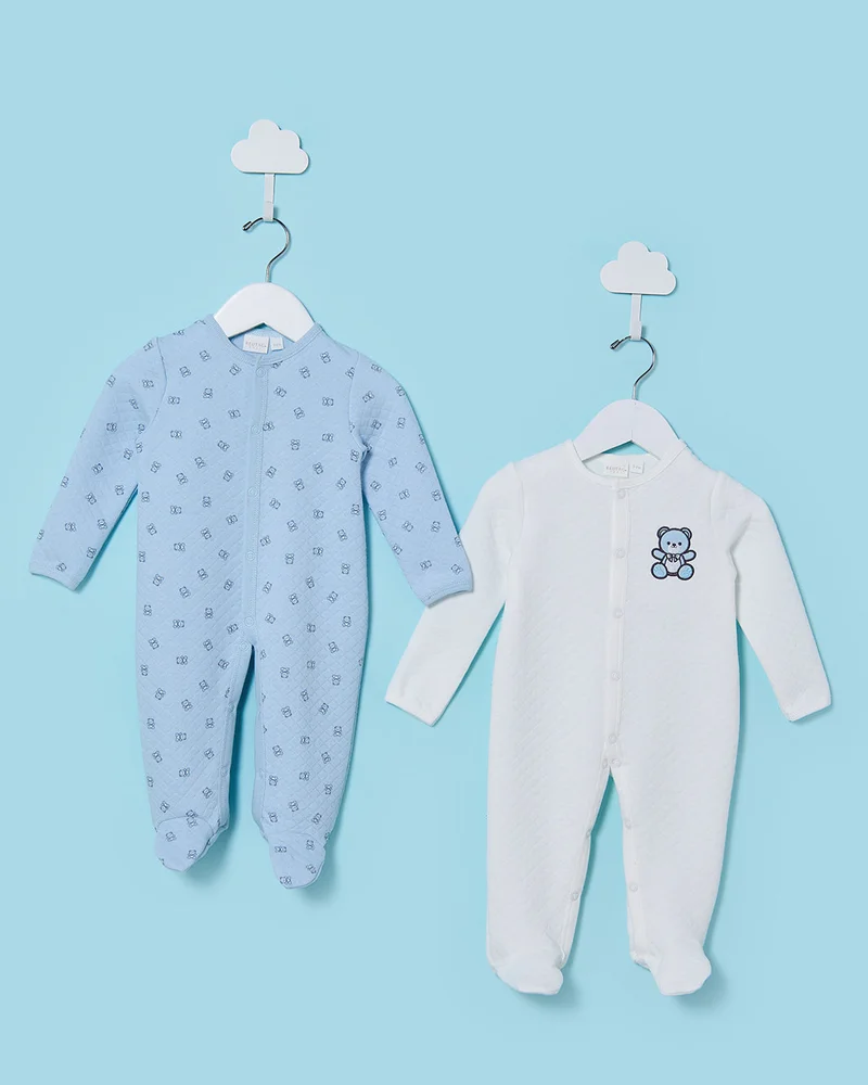 Redtag Baby Blue And White Jacquard Sleepsuit Set (2 Piece)
