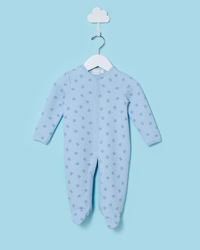 Redtag Baby Blue And White Jacquard Sleepsuit Set (2 Piece)