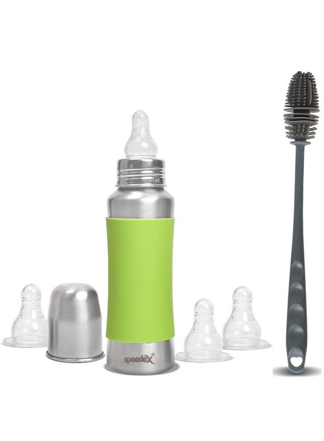 Speedex Stainless Steel Baby Feeding Bottle And Cleaning Brush Combo With Internal Ml Marking (240 Ml3 Nipple Free Green Colour) - Image 1