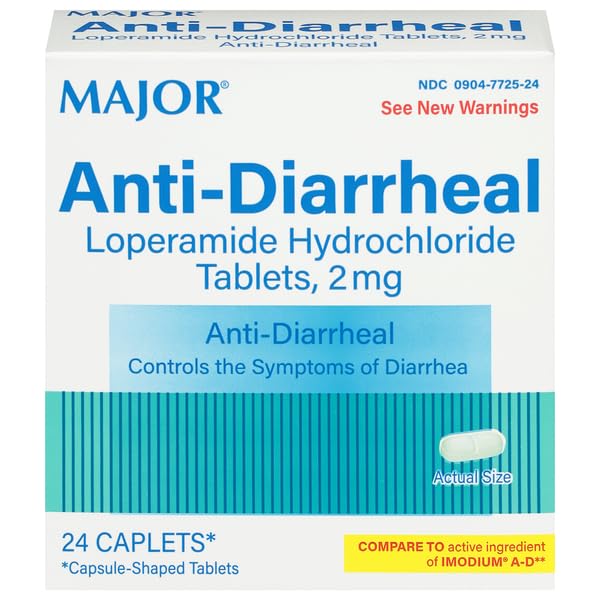 MAJOR AntiDiarrheal Loperamide Hydrochloride Tablets 2 mg Helps Control The Symptoms of Diarrhea 24 Caplets 1 Pack