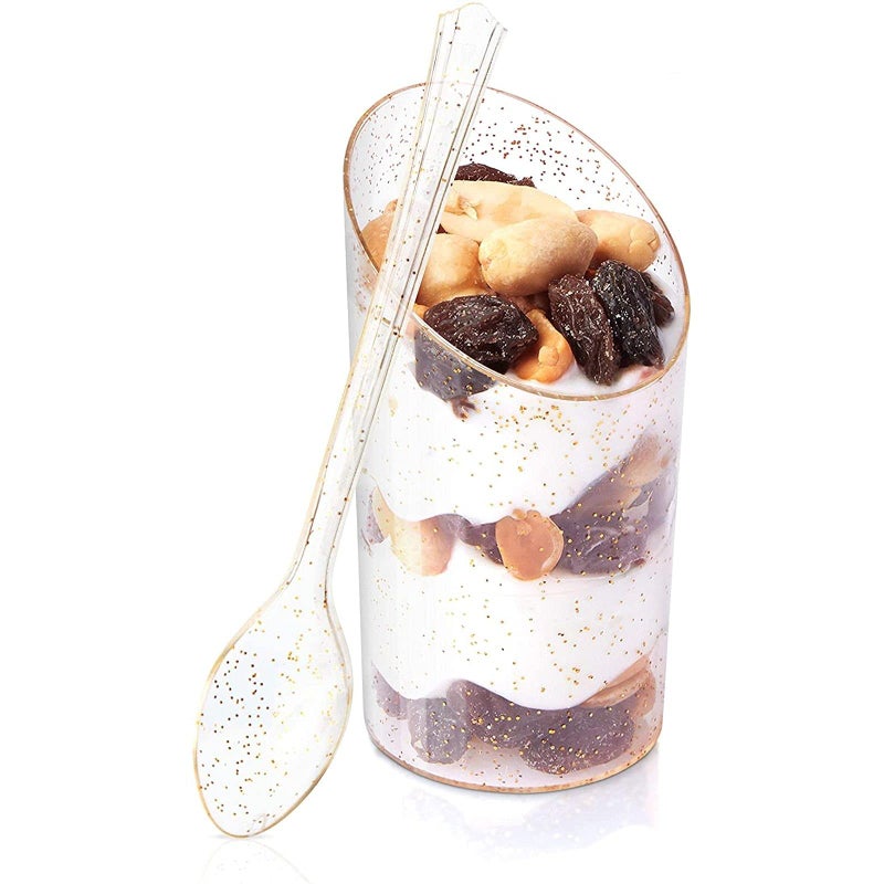 Sparkle and Bash Sparkle and Bash 120 Pieces of Gold Glitter Mini Dessert Cups with Spoons  Plastic Disposable Dessert Cups 3oz for Parfait  Shooters  Mousse  Appetizers  Samples  Treats  Serves 60  - Image 1