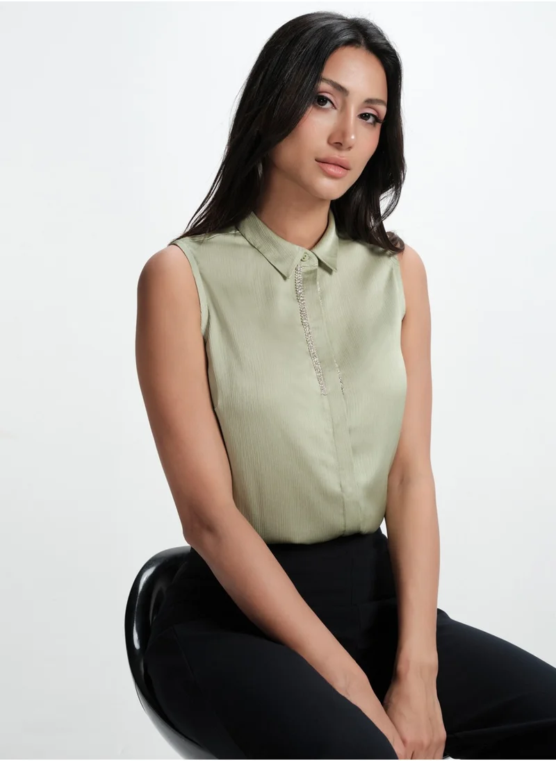 Zigzag Sleeveless Embelished Elegant Formal Top-Light Green