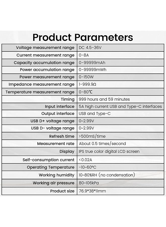 KASTWAVE Usb C Tester, 2 In 1 Tester Color Screen Ips Digital Multimeter, Voltage, Cur, Pwr, Resistance, Elec, Temp, Capacity, Tme, Fast Charging, Dual Interface Supports Multiple Fast Charging Protocols - Image 5