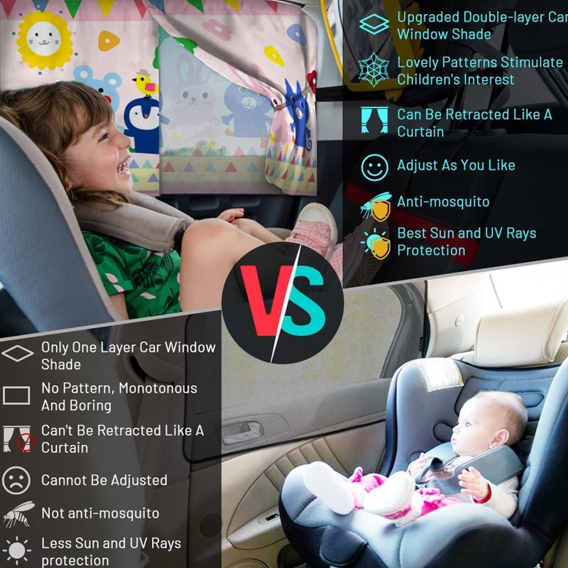 HI-FINE Car Window Shade for Baby, 2 PCS Magnetic Double Layer Car Sun Shade for Side Windows Full Shade and Half Shade Options Animal-Party Car Window Curtain for Heat/UV Protection - Image 4