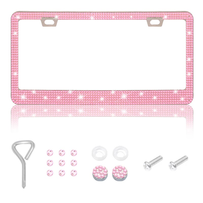 LevChall 1 Pack Bling License Plate Frames, Bedazzled Sparkly Cute Water Diamond Stainless Steelï¼ŒCar Accessories with Diamond Sparkle Glitter Capsï¼ŒSuitable for Both Men and Women(Pink) - Image 1