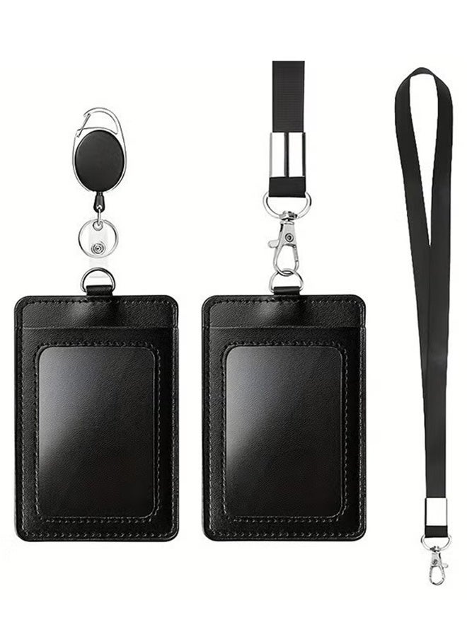 Happy D 2 Piece ID Card Holder, with Lanyard and Retractable Badge Reel Clip, Unisex Leather ID Badge Holder Set for Work School and Metro Card - Image 1