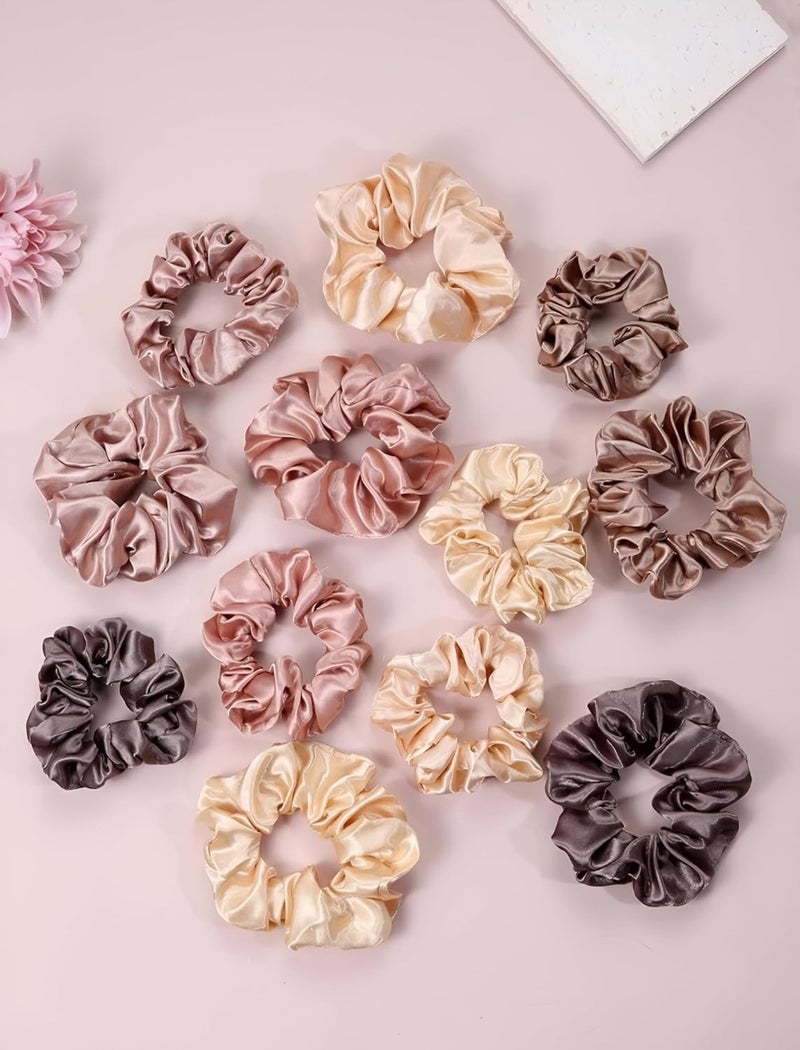 12pcsSet With 6Large 6Medium Silk Colorful Hair Scrunchies Satin for Women Soft Elastic Silk Scrunchies Large for Women Girls Comfy And Simple Hair Accesories Neutral Variety Pack
