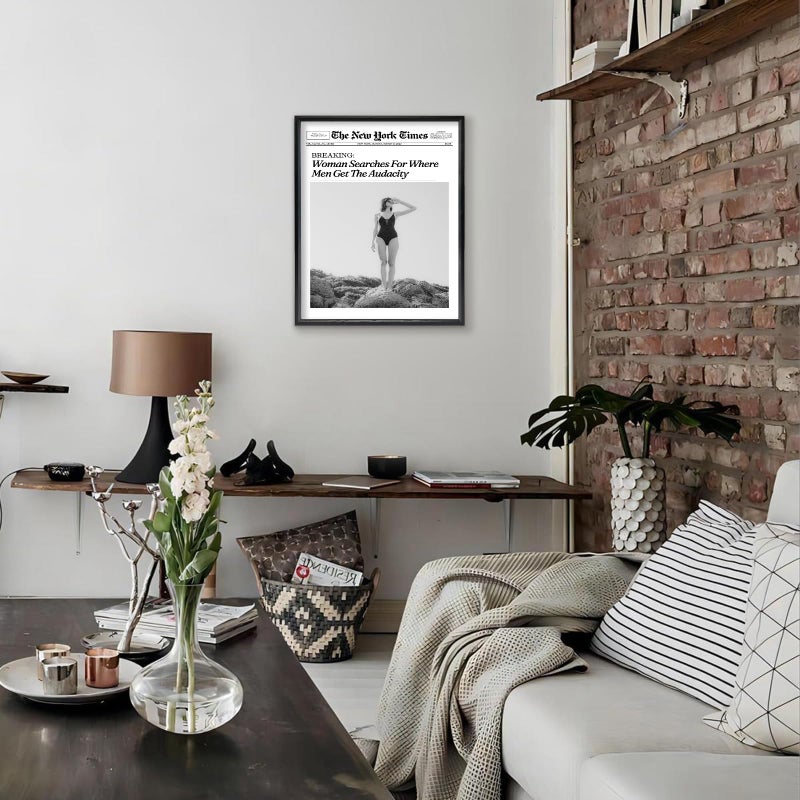 KBKBART Trendy Newspaper Framed Wall Art, 12x16 in Black and White Funny Bathroom Canvas Prints, Woman Searches For Where Men Get The Audacity Posters, Bedroom Living Room Dorm DÃ©cor - Image 2