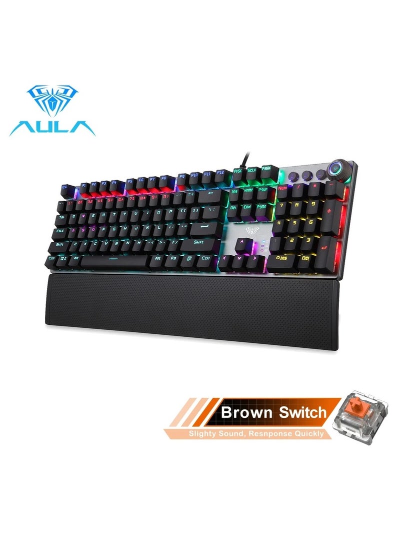 أولا اولا كيبورد ميكانيكي كلاسيكي F2088 بمفاتيح بنية سوداء، كيبورد العاب باضاءة خلفية LED بيضاء، مسند معصم قابل للازالة، كيبورد كمبيوتر سلكي USB للكمبيوتر واللاب توب - Image 1