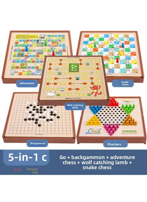 Multi-functional One Chessboard Flying Chess Checkers Backgammon Go Card Beasts Chess Children's Toys Foreign Trade-Color:Five-in-one [large] Checkers + Five Stones + Calendar + Snake + Wolf