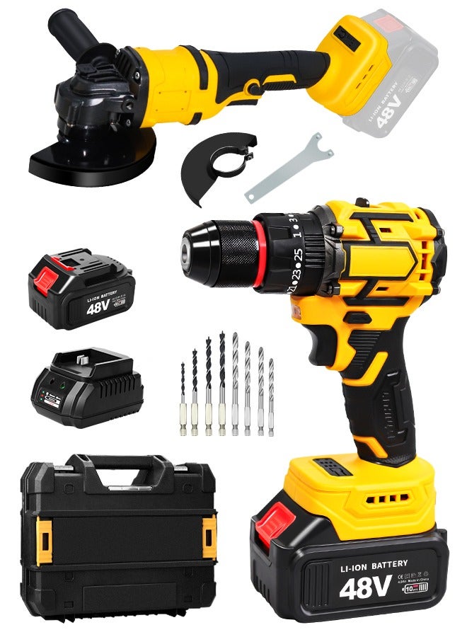 ALongDeng 48V Cordless Drill and Cordless Angle Grinder With 2 Batteries and Charger Brushless Electric Drill 2 Spee 25+3 Torque Setting Compact Drill Driver Kit for Home DIY Project - Image 1