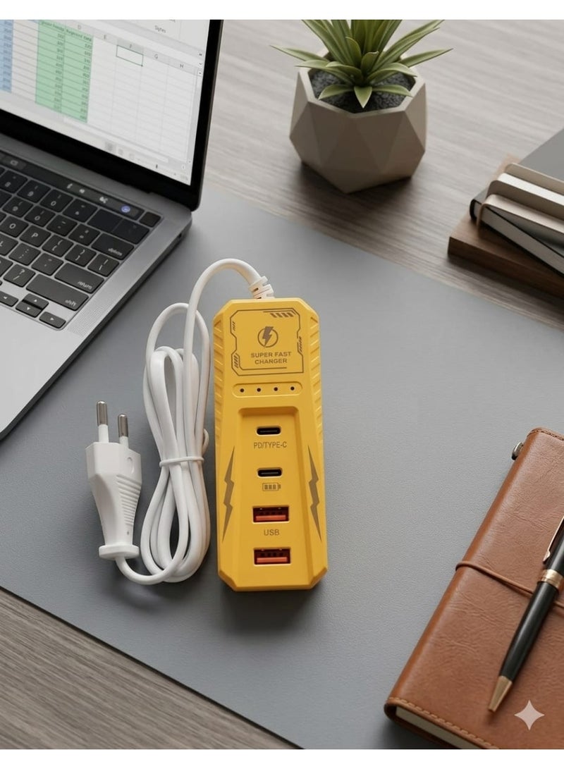 ​مشترك شحن سريع 4 منافذ (2 USB + 2 Type-C PD) بقوة 5.1 أمبير - أصفر