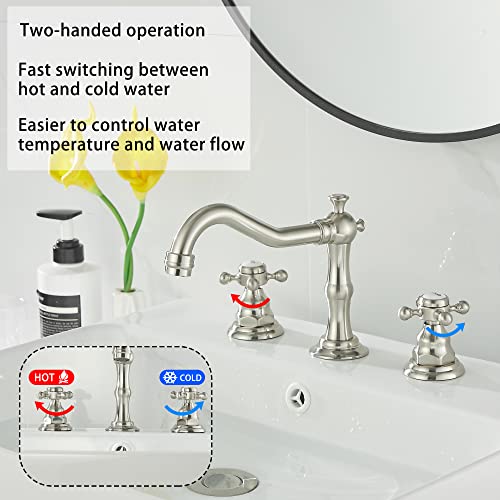 GGStudy 2 Handles 3 Holes Faucet Widespread Bathroom Sink Faucet Brushed Nickel Basin Tap Mixer Faucet Matching Pop Up Drain - Image 3