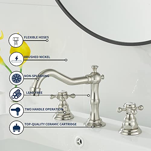 GGStudy 2 Handles 3 Holes Faucet Widespread Bathroom Sink Faucet Brushed Nickel Basin Tap Mixer Faucet Matching Pop Up Drain - Image 4