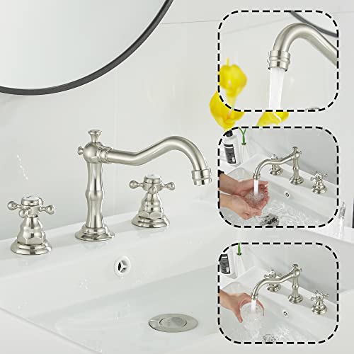 GGStudy 2 Handles 3 Holes Faucet Widespread Bathroom Sink Faucet Brushed Nickel Basin Tap Mixer Faucet Matching Pop Up Drain - Image 5