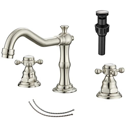 GGStudy 2 Handles 3 Holes Faucet Widespread Bathroom Sink Faucet Brushed Nickel Basin Tap Mixer Faucet Matching Pop Up Drain - Image 1
