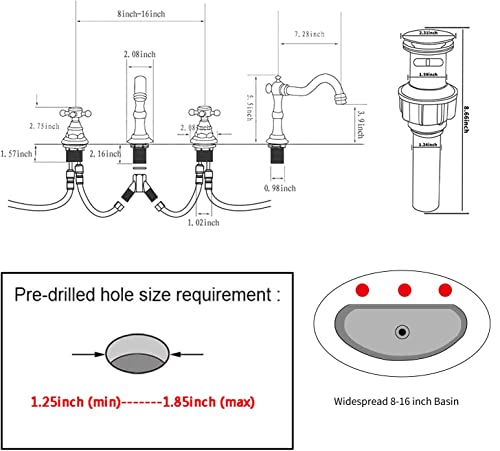 GGStudy 2 Handles 3 Holes Faucet Widespread Bathroom Sink Faucet Brushed Nickel Basin Tap Mixer Faucet Matching Pop Up Drain - Image 2