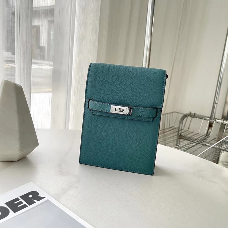 Genuine Leather Kelly Vertical Mobile Phone Bag Simple Top Layer Litchi Pattern Single Shoulder Oblique Cowhide Women'S All-Match Silver Button Bag - Image 1