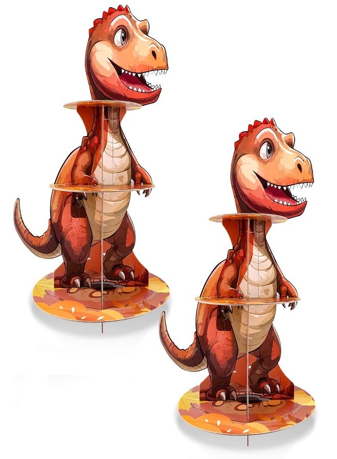 PDFans Dinosaur Cupcake Stand, 3 Tire Cupcake Stand Holder Dinosaur Themed Cup Cake Display Stand Dessert Tower Tiered Tray Stand for Kids Dinosaur Jungle Party Birthday Supplies (Dinosaur-2pcs) - Image 1