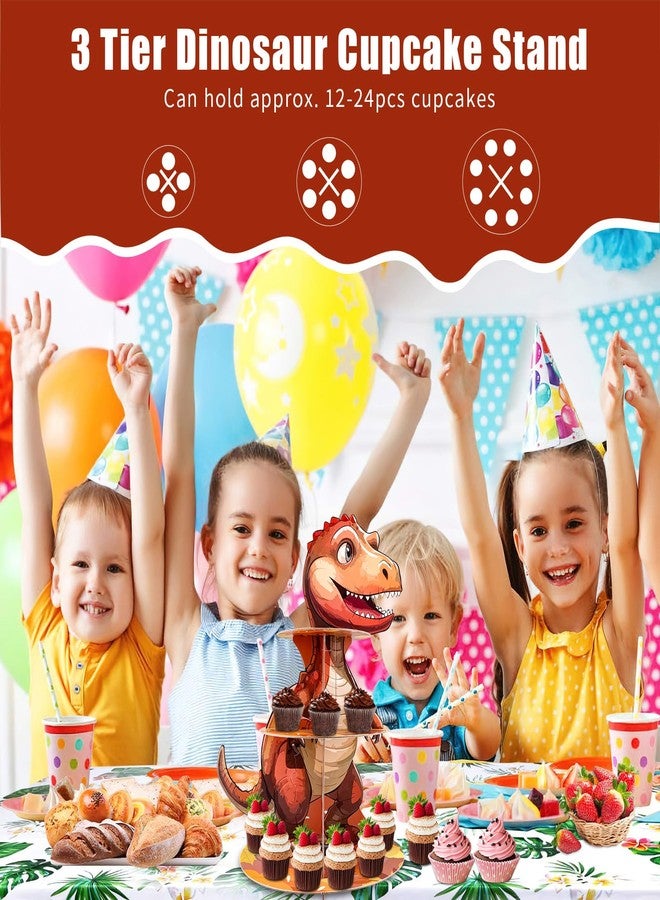 PDFans Dinosaur Cupcake Stand, 3 Tire Cupcake Stand Holder Dinosaur Themed Cup Cake Display Stand Dessert Tower Tiered Tray Stand for Kids Dinosaur Jungle Party Birthday Supplies (Dinosaur-2pcs) - Image 2