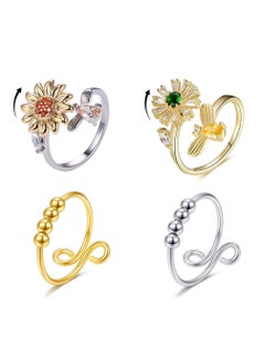 Anti Anxiety Fidget Ring for Women,Cubic Zircoina Adjustable Anxiety Rings,Rotatable Relieving Worry Meditation Ring With Beads Stress Reliev 4 Pcs