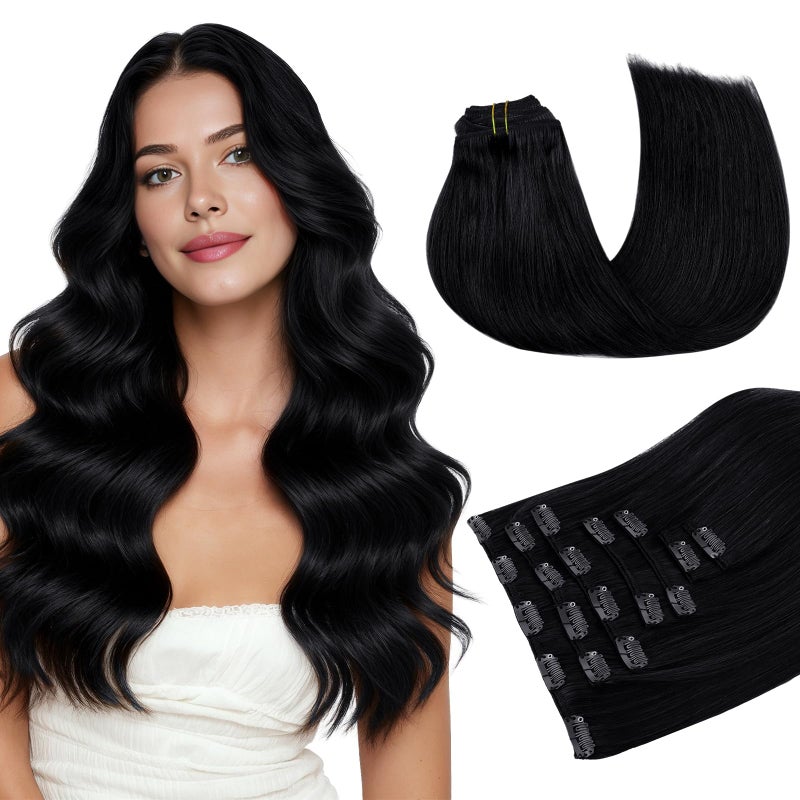 MAXITA Clip in Hair Extensions Real Human Hair 100% Remy Hair Extensions Clip ins Double Weft for Women,Natural Human Hair,18inch 120g 7Pcs,Jet Black - Image 1