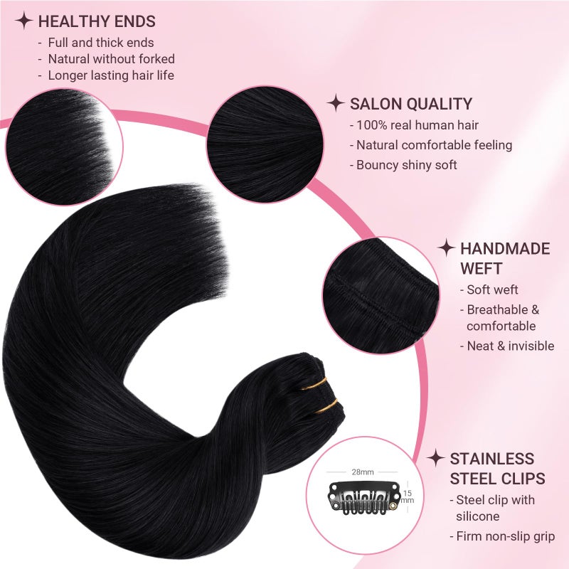 MAXITA Clip in Hair Extensions Real Human Hair 100% Remy Hair Extensions Clip ins Double Weft for Women,Natural Human Hair,18inch 120g 7Pcs,Jet Black - Image 4