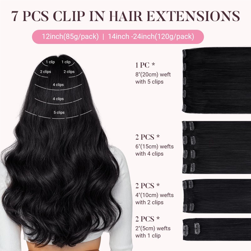 MAXITA Clip in Hair Extensions Real Human Hair 100% Remy Hair Extensions Clip ins Double Weft for Women,Natural Human Hair,18inch 120g 7Pcs,Jet Black - Image 2