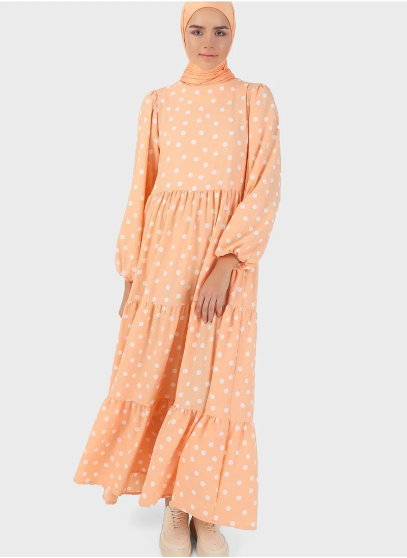 Benin by modanisa Balloon Sleeve Printed Dress