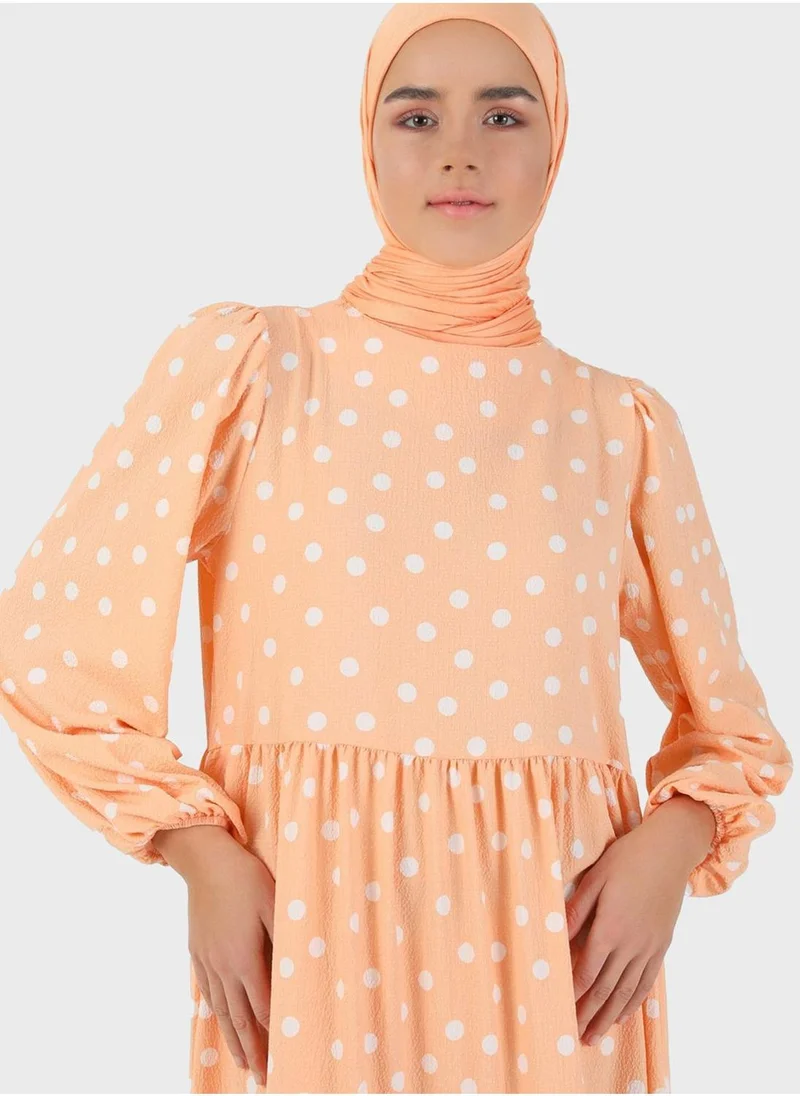 Benin by modanisa Balloon Sleeve Printed Dress