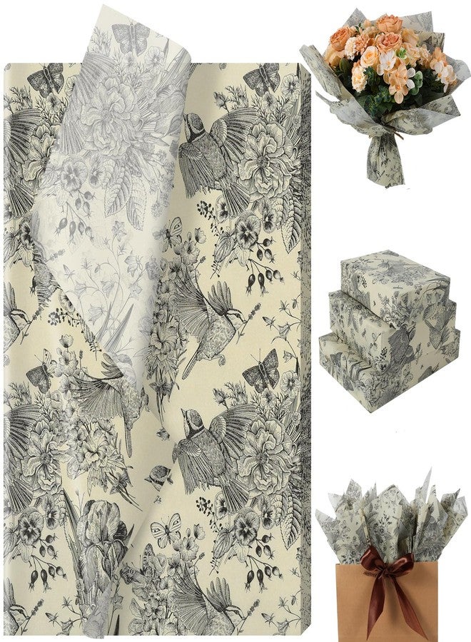 Fabllewavi 60 Sheet Floral Bird Tissue Paper, 20x14‘’ Chinoiserie Bird Gift Vintage Flower Bird Packaging Tissue Paper for Birthday Wedding Baby Shower Bridal Shower Party Supplies (Retro - Image 1