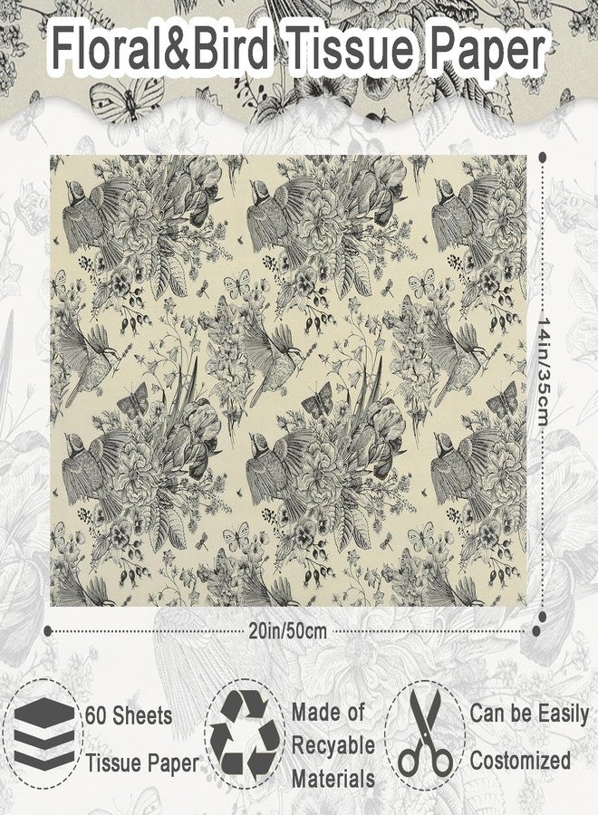 Fabllewavi 60 Sheet Floral Bird Tissue Paper, 20x14‘’ Chinoiserie Bird Gift Vintage Flower Bird Packaging Tissue Paper for Birthday Wedding Baby Shower Bridal Shower Party Supplies (Retro - Image 2