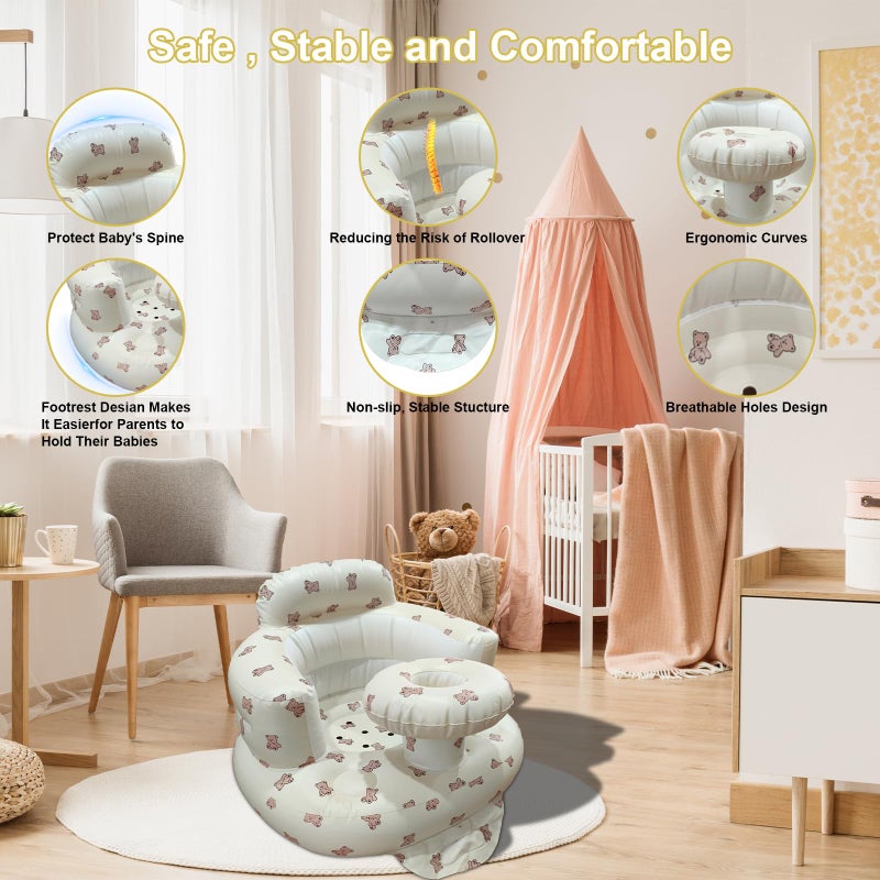 TOSXW Inflatable Baby Seat for Babies 3-36 Months, Baby Chair with Fence & Built in Air Pump, Blow Up Floor Baby Seat with Back Support, Inflatable Baby Chair Sit Me Up for Home Bear-Tray - Image 3