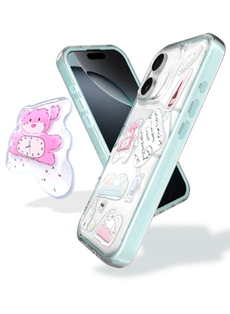 Clear Case for iPhone 16 – Shockproof Soft TPU Bumper Frame with Flexible Transparent Back, Crystle Pastel, Customizable with Kawaii Korean Bear Epoxy Resin Stickers (Lime Blue & Korean Bear Epoxy Resin Stickers) - Image 1