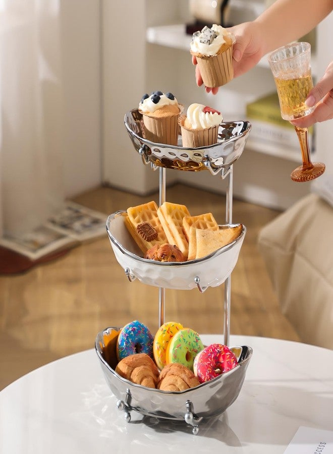 XUDREZ 3 Tier Fruit Bowl with Metal Stand for Kitchen Counter, Ceramic White Gold Silver, Tiered Fruit Basket for Nuts, Snacks, Bread, Candy Storage (Silver) - Image 4