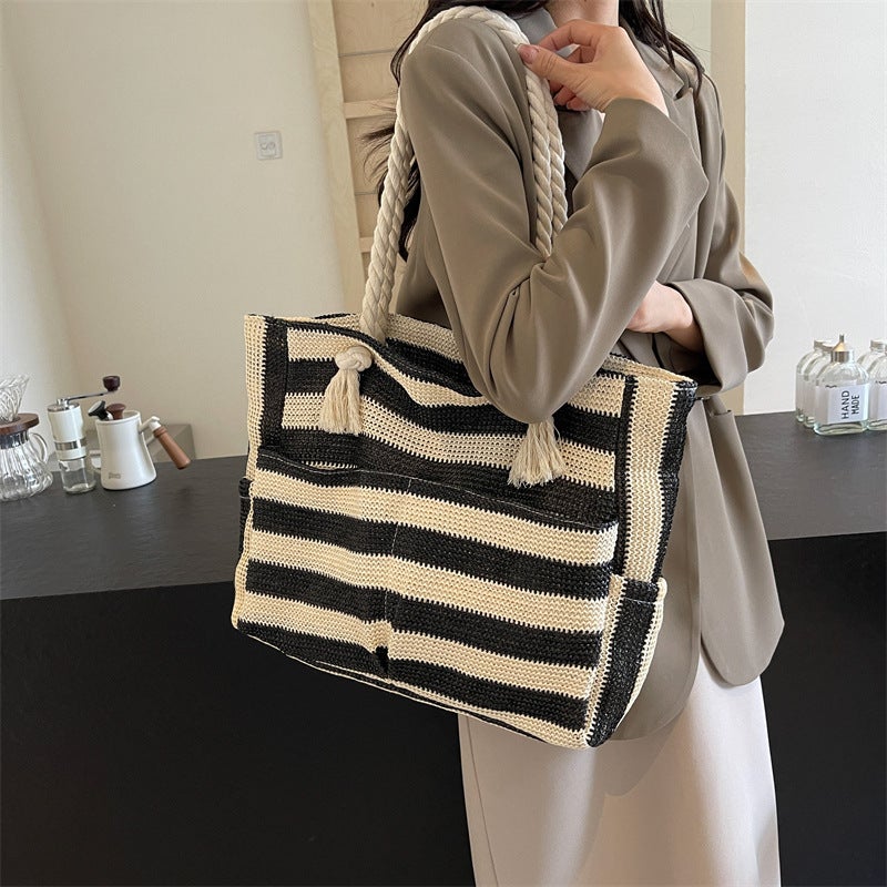 South Korea Ins Artistic Contrast Color Striped Woven Tote Bag Large Capacity Shoulder Women'S Bag Lazy Style Shopping Bag Large Bag - Image 5